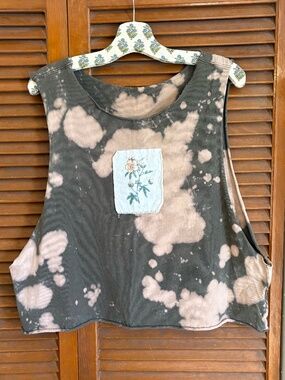 Upcycled Bleached Muscle Tank Femme and Masc with Floral Patchwork, Size L